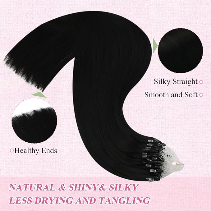 YoungSee Micro Loop Hair Extensions Real Human Hair Black Micro Bead Hair Extensions Real Human Hair Jet Black Beaded Hair Extension Long Hair 22In 50g Microring Hair Extension Remy Hair 50s