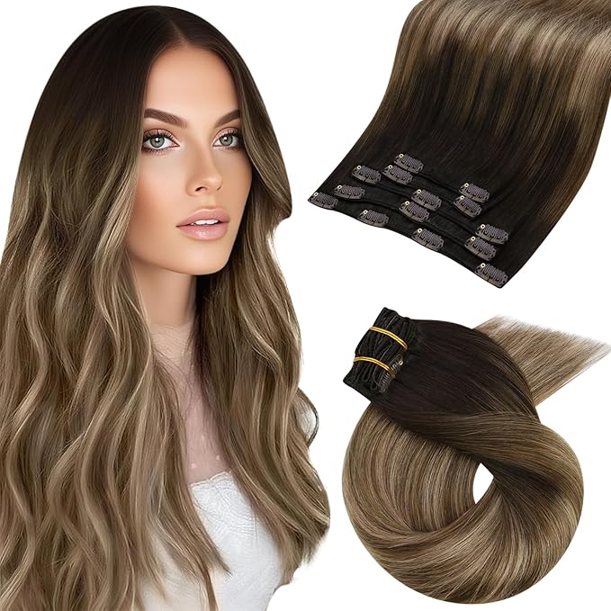 Moresoo Clip in Hair Extensions Real Human Hair Ombre Dark Brown to Dark Ash Blonde with Dark Blonde Remy Human Hair Clip in Extensions Balayage 5pcs 80g 18inch