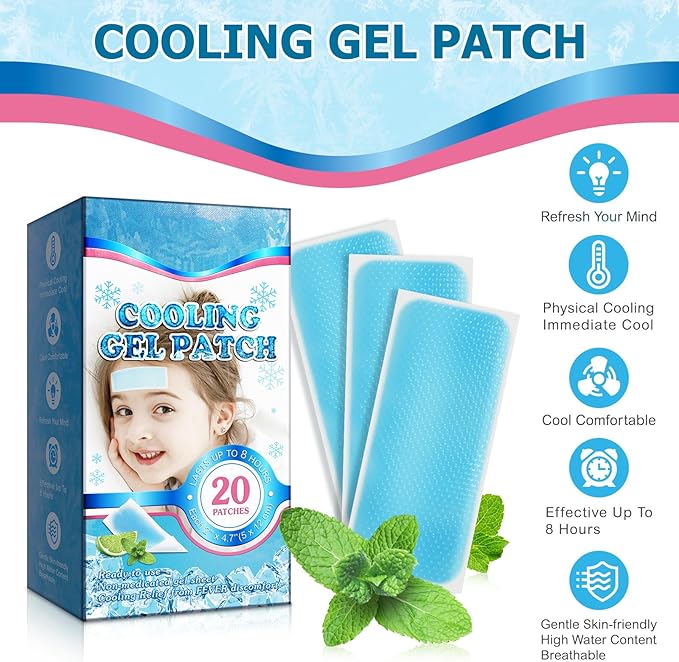 20 Sheets Fever Patches for Kids - Hot Weather Cooling Gel Patches for Adults - Headache Patches - Forehead Fever Cool Pads