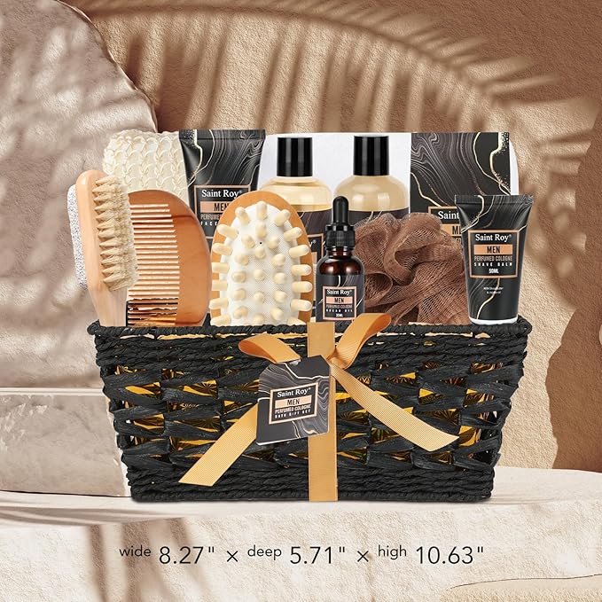 Fathers Day Christmas gift for Men Dad Bath Perfume Gift Set, 14 Pcs Spa Basket with Classic Perfume kit, Personal Self Care Shaving Kit Relax Included Scubber, Beard Oil, Bath Pillow, Valentines Day