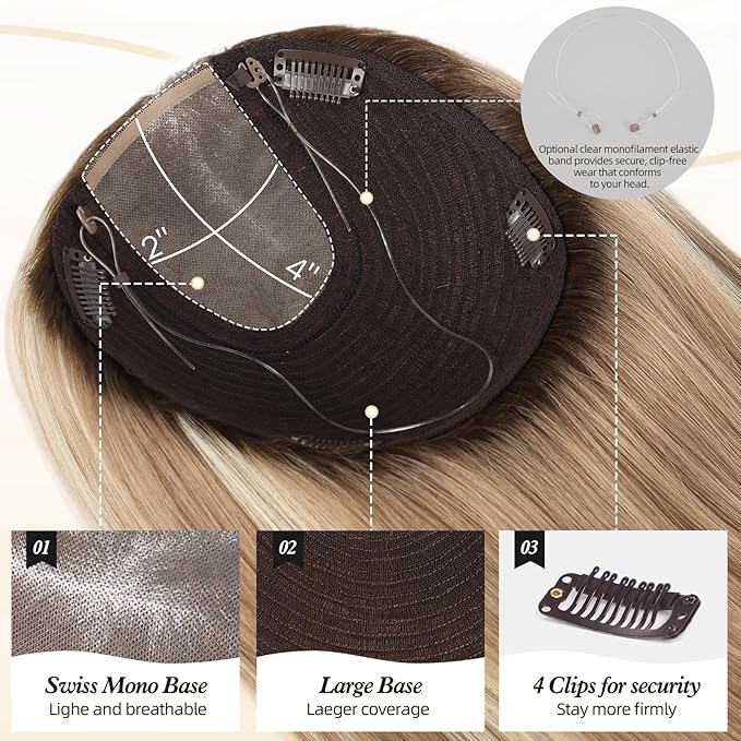 MONO TOP Hair Toppers for Women Human Hair 12 Inch 7"×8" Big Base Partial wig Cover Thinning Hair or Loss No Bangs Top Hair Pieces Natural Wiglets (Gray Blonde with Platinum Highlights)