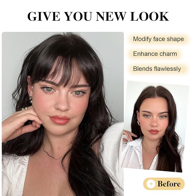 BOGSEA Clip in Bangs Real Human Hair Bangs Hair Clip with Temples Hairpieces for Women Natural Looking Fringe Hair Extension for Daily Wear(Wispy Bangs, Black Bangs)