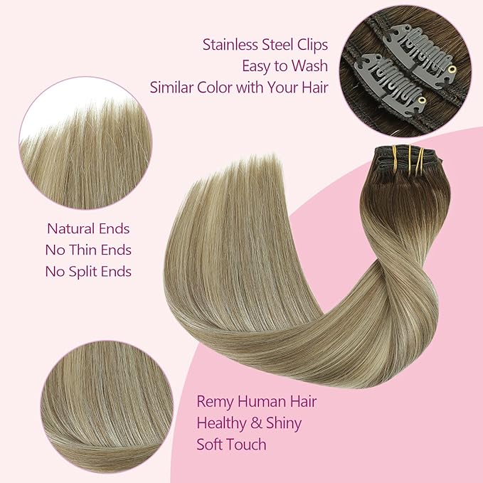PINKPEARL Clip in Human Hair Extensions #3/8/22 Balayage Walnut Brown to Ash Brown and Golden Blonde Clip in Hair Extensions Real Human Hair 7pcs 120g 22inch Human Hair Extensios Clip ins(#3/8/22-22)