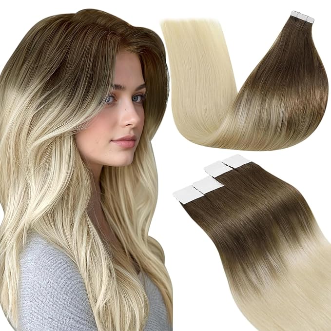 LaaVoo Tape in Hair Extensions Ombre Light Brown Fading to Light Blonde Hair Extensions Tape in Human Hair Seamless Tape on Hair Extension Real Human Hair Soft Hair 18inch 50g 20pcs