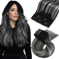 Moresoo Clip in Hair Extensions Real Human Hair Double Weft Human Hair Clip in Extensions Straight Ombre Balayage Black Mixed with Silver Grey 5pcs 80g 22inch