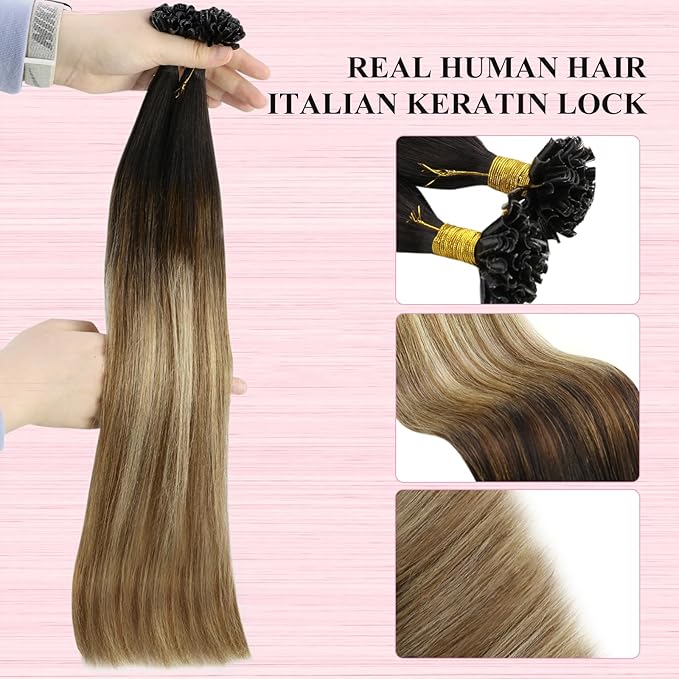 YoungSee U Tip Hair Extensions Human Hair Balayage Utip Hair Extensions Dark Brown Ombre Brown with Blonde Hot Ktip Fusion Hair Extension U Tip Human Hair Extension for Short Hair 14In 50s/50g