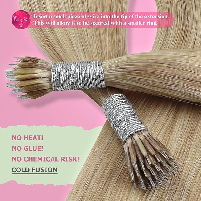YoungSee Nano Hair Extensions Highlight Ash Brown with Golden Blonde Nano Bead Hair Extensions Human Hair for Women Cold Fusion Nano Tips Human Hair Extension Blonde Short Hair 14inch 50grams/pack