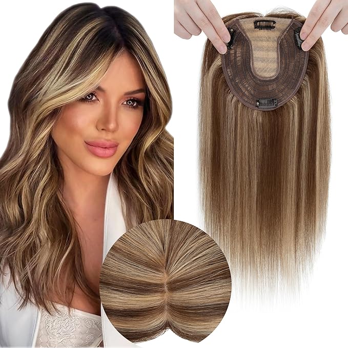 Hair Toppers for Women Real Human Hair No Bangs, 13 * 15 cm Larger Silk Base 150% Density Clip In Topper Hairpieces, Wiglet Top Pieces Add Volume /10 Inch 4P27 Medium Brown&Dark Blonde
