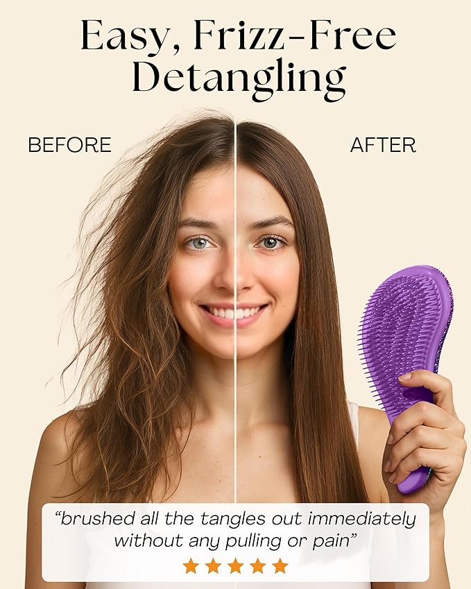 Lily England Detangling Comb & Hair Brush Set - Wide Tooth Comb for Curly, Straight, Thick, Fine & Wet Hair - Gentle & Pain-Free Detangler for Women & Kids - Lightweight Haircare Tools, Purple-Glitter