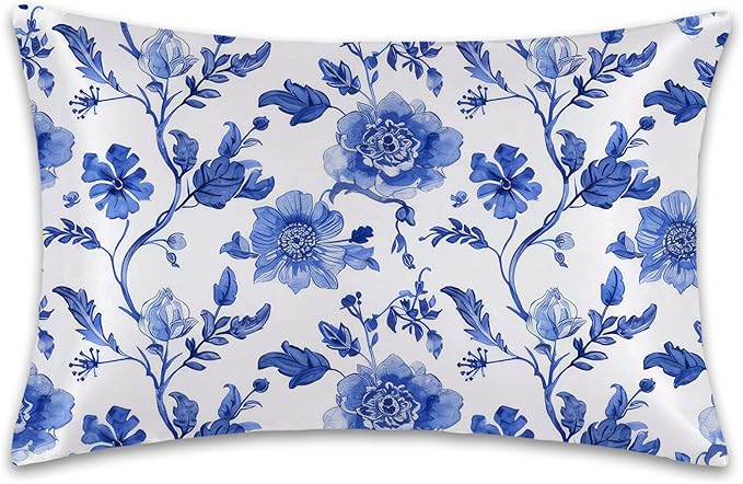 Satin Pillowcase 1 Pack-Vintage Blue Floral Silky Pillow Cover for Hair and Skin,King Size 20x36 Inch Soft Cooling Printed Pillow Cases with Hidden Zipper,Gifts for Women Men