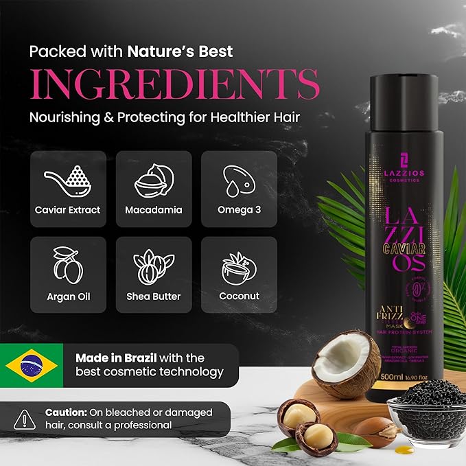 Lazzios Caviar Organic Hair Protein 500 ml (17 oz) – Brazilian Professional Straightening & Smoothing Treatment – Safe Formula with No Toxic Acids, Hyaluronic Acid, Keratin, Caviar & Argan Oil