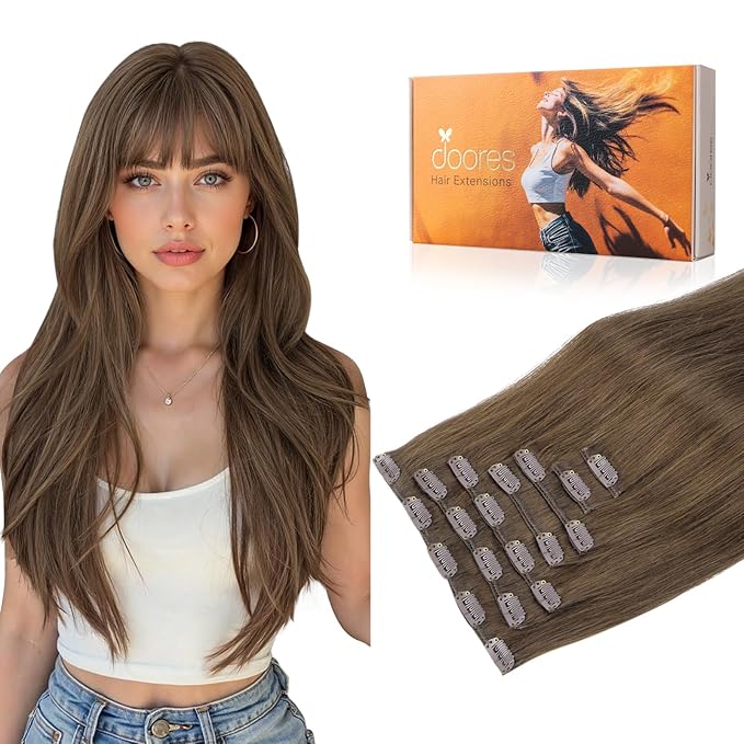 DOORES Hair Extensions Clip in Human Hair, Light Ash Brown 24 Inch 7pcs 120g, Hair Extensions For Women Natural Remy Human Hair Clip in Extensions Straight Thick Hair