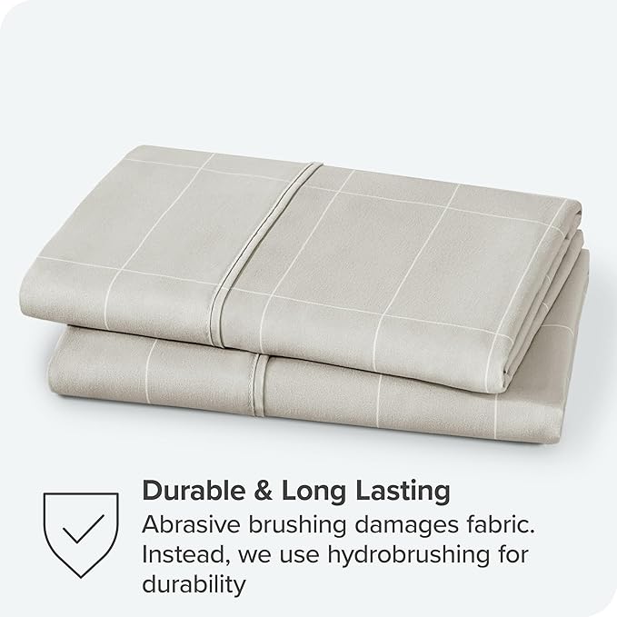 Bare Home Microfiber Pillow Cases - King Size Set of 2 - Cooling Pillowcases - Double Brushed - Pillowcases 2 Pack - Easy Care (King, Grid – Stone/White)