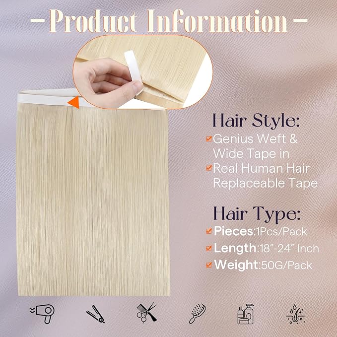 Full Shine Tape in Hair Extensions Human Hair One Piece 50G Remy Tape in Weft Human Hair Extensions Color 60 Blonde Genius Weft Pu Wide Tape Double Sided Adhesive 20Inch Silky Straight for Influencer