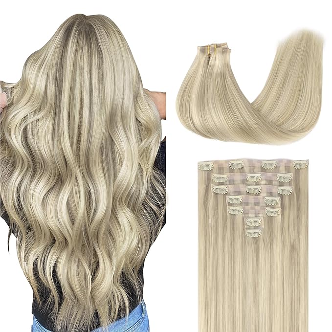 GOO GOO Clip in Hair Extensions Real Human Hair, Remy Human Hair Extensions Clip ins for Women, Natural Human Hair, 22inch 110g 7Pcs, 17A/60A Ash Blonde Highlighted Platinum Blonde