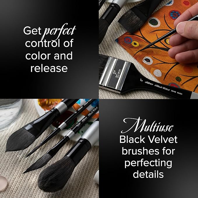 Silver Brush Limited WC-3208S Black Velvet Variety Set, Professional Premium Artist Paintbrushes for Watercolor, Gouache, Inks, & Dyes, Set of 3, Round, Script Liner, & Flat Wash Brushes, Short Handle