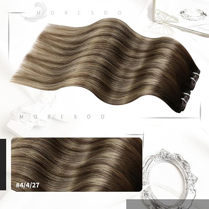 Moresoo Clip in Hair Extensions Remy Double Weft Human Hair Clip in Extensions Balayage Straight Hair Extensions for Women Ombre Dark Brown Mixed with Caramel Blonde 7pcs 120g 22inch