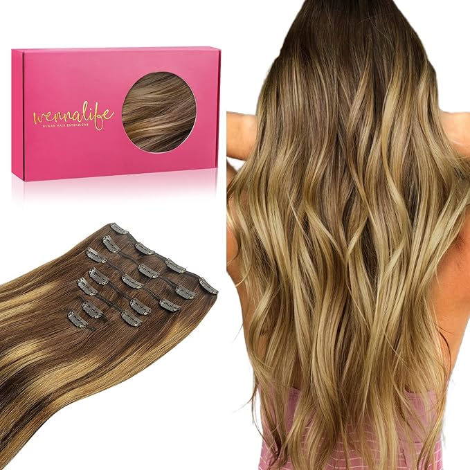 WENNALIFE Clip in Hair Extensions Real Human Hair, 18 Inch 120g 7pcs Balayage Chocolate Brown to Caramel Blonde Hair Extensions Clip in Human Hair Remy Clip in Hair Extensions Real Human Hair