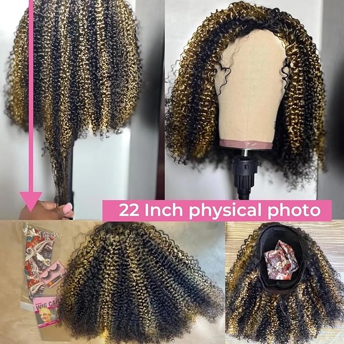 250% Density Kinky Curly Half Wig Human Hair Glueless Wigs Upgrade 3 IN 1 Highlight 1b/27 Half Wig With Drawstring Seamless Clip Ins Flip Over Kinky Curly Human Hair No Glue No Lace 18 Inch