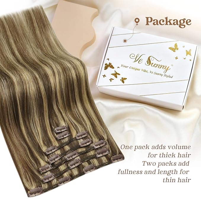 Ve Sunny Clip in Hair Extensions Real Human Hair Brown Highlights Hair Extensions Clip ins Dark Brown mit Caramel Blonde Human Hair Clip in Extensions Easy to Wear 20 Inch 7pcs 120g
