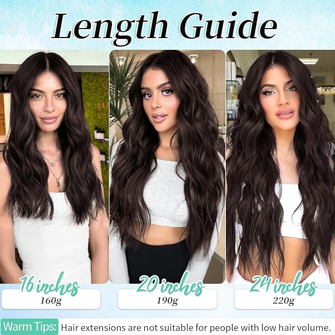 KooKaStyle Clip in Synthetic Hair Extensions Long Wavy 4PCS Thick Hairpieces Chocolate Brown 33Y# Fiber Double Weft Natural Hair Extensions 20 Inch for Women