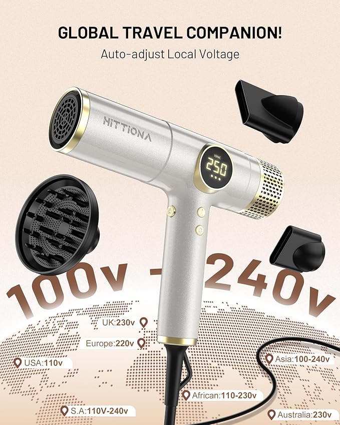 Dual Voltage Travel Hair Dryer with Diffuser - 2000W High-Speed Ionic Diffuser Hair Dryers Gift for Women, Fast Drying, Low Noise, Lightweight, No Heat Damage, European Travel 110V-120V/220V-240V