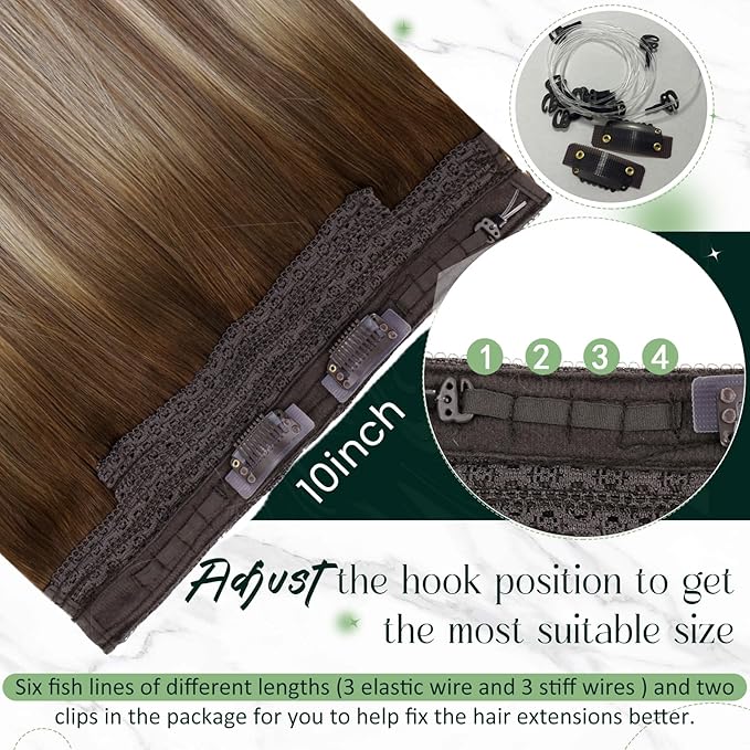 RUNATURE Brown Balayage Wire Hair Extensions Real Human Hair 20 Inch 100g, Invisible Fish Line Hair Extensions Soft Silky Hair, Quick Application #3/8/22 Walnut Brown to Light Brown with Blonde