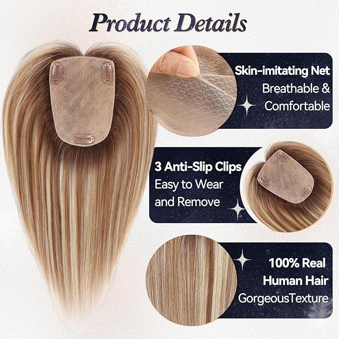 starluck Human Hair Toppers for Women Real Human Hair No Bangs 4 * 5.5 inch Base 12 inch SilkHug Hair Topper for Women Cover Grey Roots(Brown with Blonde Highlight)