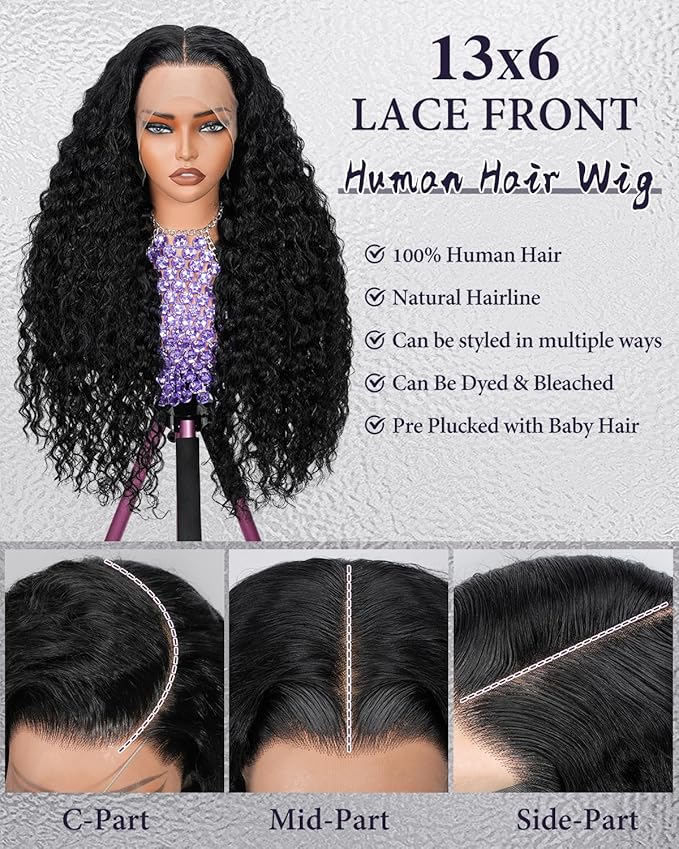 13x6 Deep Wave Lace Front Wigs Human Hair 220% Density SKINLIKE Real HD Lace Wig Wet and Wavy Human Hair Pre Plucked Wigs for Women Curly Lace Frontal Wig Natural Color 28inch