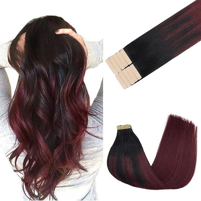 GOO GOO Tape in Hair Extensions Tape 201, 1/99 Balayage Jet Black to Red, 16inch 25g 10pcs