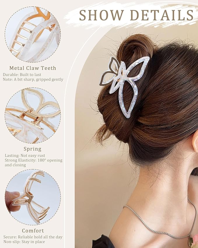 ACECHA 2 Pack Gold Metal Bow Hair Claw Clips for Women, Large Non-slip Butterfly Hairclips for Thin Thick Hair Claws Strong Hold Styling (Checkered)