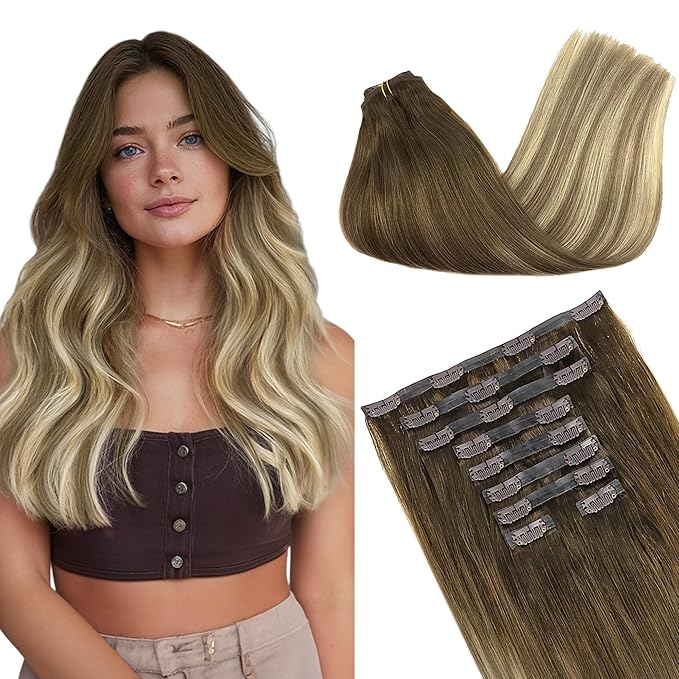 GOO GOO Clip in Hair Extensions Real Human Hair, Remy Human Hair Extensions Clip ins for Women, Natural Human Hair, 14inch 130g 9Pcs, 3/8/613 Balayage Walnut Brown to Ash Brown and Bleach Blonde
