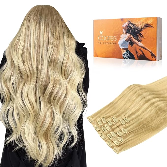 DOORES Hair Extensions Seamless Clip in Real Human Hair, DirtyBlonde Highlight Golden Blonde 24 Inch 120g 7pcs, Human Hair Extensions Skin Weft Remy Straight Hair Invisi Edge Hair Extensions