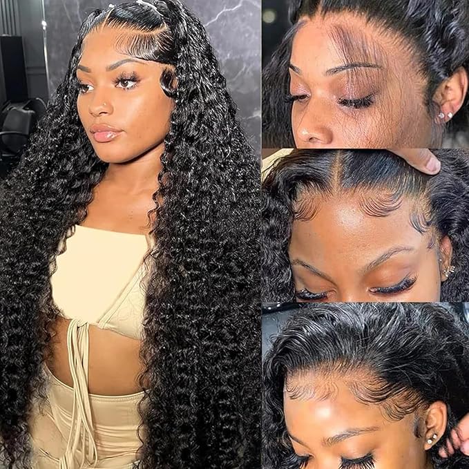36 Inch Deep Wave Lace Front Wigs Human Hair Pre Plucked 200% Density 13x6 HD Lace Frontal Wigs with Baby Hair Deep Curly Wet and Wavy Glueless Wigs for Women (Natural Black, 36 Inch)