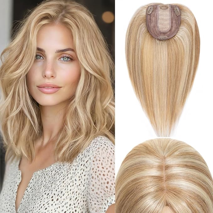 Rich Choices Hair Toppers for Women Real Human Hair 100% Human Remy Toppers NO Bangs with Thinning on Top Clip in Hairpiece 4"x4.7"Lace Base 12 Inch #12P613 Golden Brown Highlights Bleach Blonde