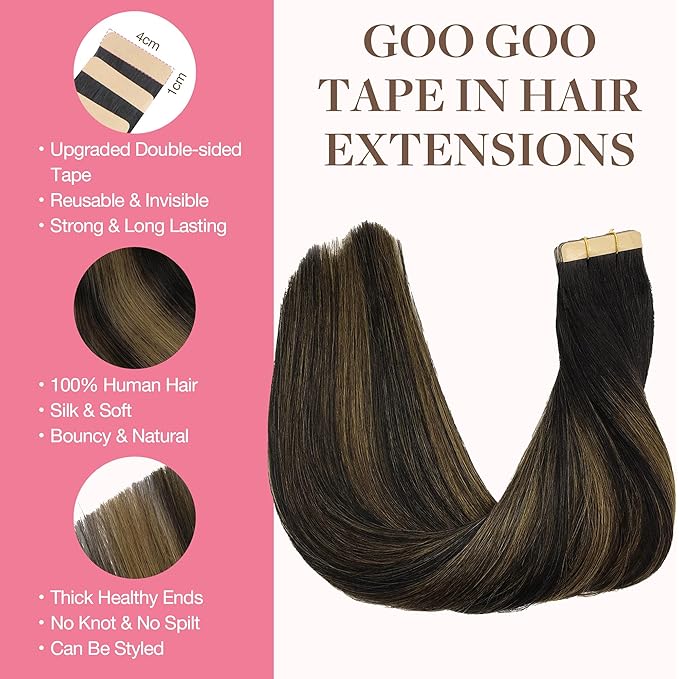 GOO GOO Tape in Hair Extensions Human Hair, 1B/6/1B Balayage Natural Black to Chestnut Brown, 24inch 30g 10pcs, Skin Weft Seamless Invisible, Silky Straight with Thick Ends, Remy Human Hair