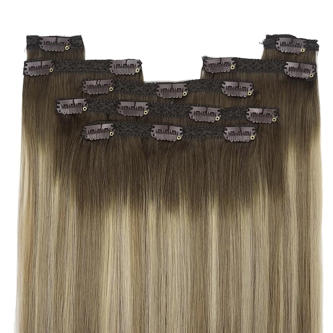 YoungSee 135G Clip in Hair Extensions Real Human Hair Ombre Brown Clip in Human Hair Extensions Walnut Brown Ombre Light Brown with Blonde Balayage Clip ins Hair Extension 18inch 7pcs