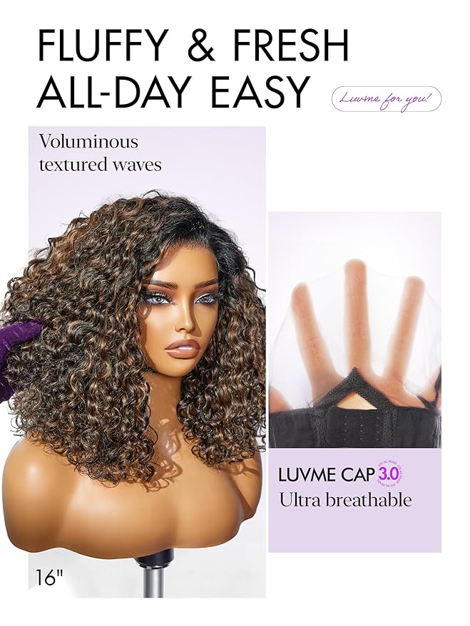LUVME HAIR 100% Human Hair Wigs Curly Deep Wave Glueless Lace Front 14 Inches Pre Cut Plucked Hd Lace Short Wig Ready To Go Highlight Color Straight Bleached Knots Side Part Black Wigs