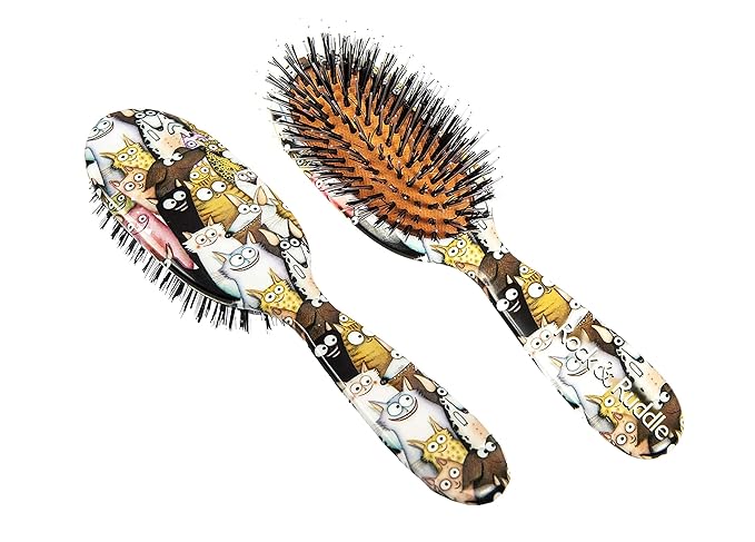 Rock & Ruddle Natural Mixed Boar Bristle Hair Brush for Women and Kids (Small/Travel Size, 17.5cm) - Perfect for Wet or Dry Hair, Detangling Smoothing Blowdrying - Made in UK - Cats & Dogs Design