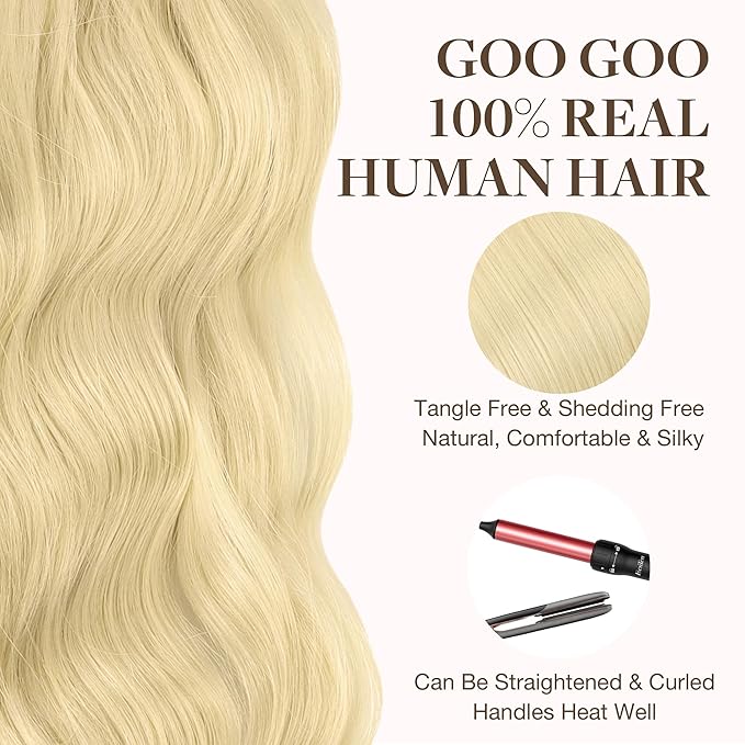 GOO GOO Tape in Hair Extensions Human Hair, 613R Bleach Blonde, 26inch 60g 20pcs, Skin Weft Seamless Invisible, Silky Straight with Thick Ends, Remy Human Hair