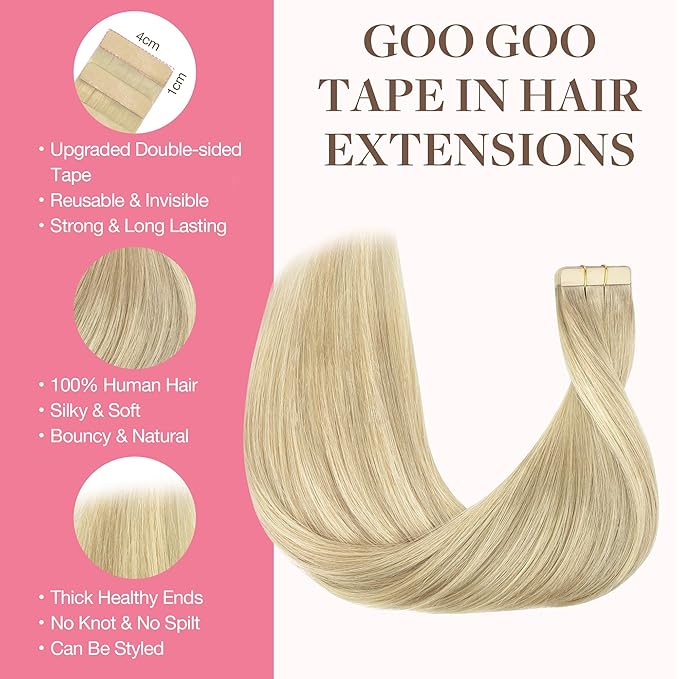 GOO GOO Tape in Hair Extensions Human Hair, 18ET90A Natural Blonde Balayage, 20inch 100g 40pcs, Skin Weft Seamless Invisible, Silky Straight with Thick Ends, Remy Human Hair