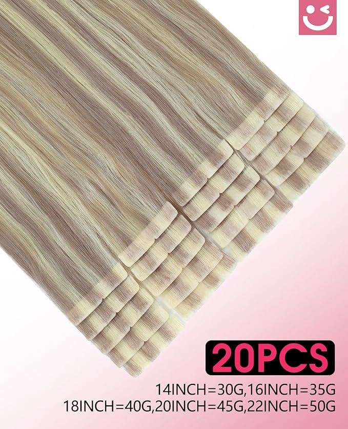 Youngsmile Injection Tape in Hair Extensions Human Hair #18P613 Ash Blonde with Bleach Blonde Real Human Hair 20pcs 45g 20 Inch Injected Tape in Hair Extensions Seamless Tape ins (#18P613,20'')
