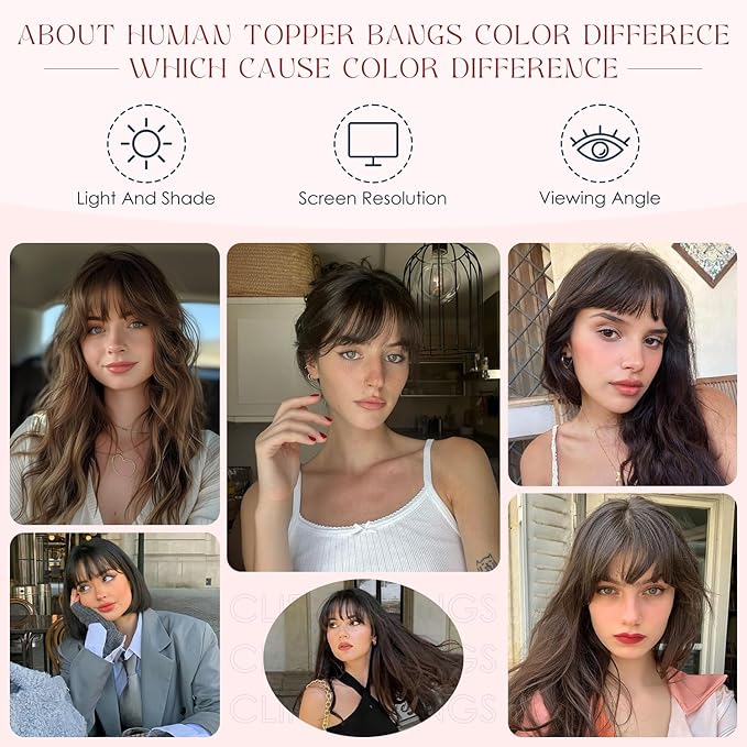 Human Hair Topper with Bangs for Women, 360° Cover Clip in Curtain Bangs Hair Toppers Hair Piece Dark Brown-3.15x4.33 Hand-tied Base (Dark Brown)
