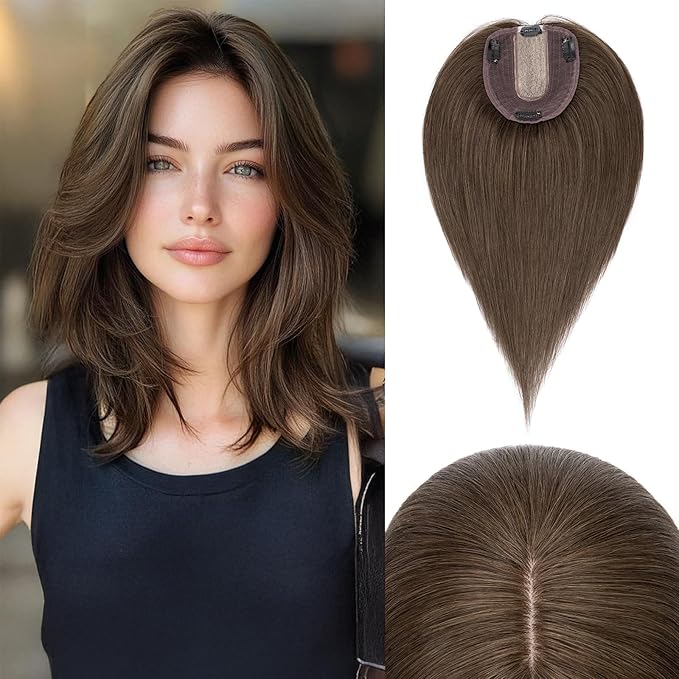 Rich Choices Hair Toppers for Women Real Human Hair 100% Human Remy Toppers NO Bangs for Women with Thinning on Top Clip in Hairpiece 4"x4.7"Lace Base 16 Inch #2R Chocolate Brown