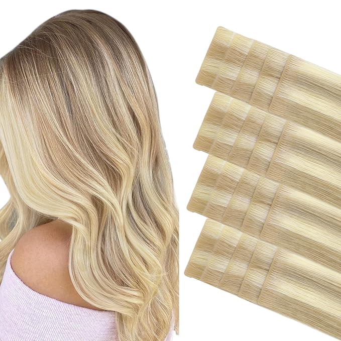 GOO GOO Invisi Edge Tape in Hair Extensions Human Hair, 18A/613A Dark Blonde Highlighted Bleach Blonde 20pcs 20inch 50g, Virgin Remy Hair, Seamless Injected Tape, Natural Look