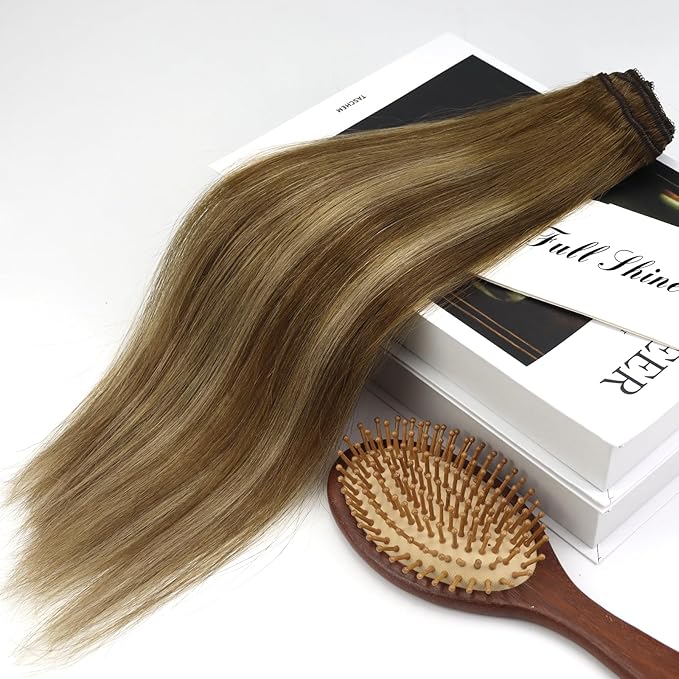 Full Shine Seamless Hair Extensions Clip in 20 Inch Ombre Brown and Medium Brown Highlight Blonde Hair Extension Clip ins Long Silky Straight Hair 60 Grams 3 PCS