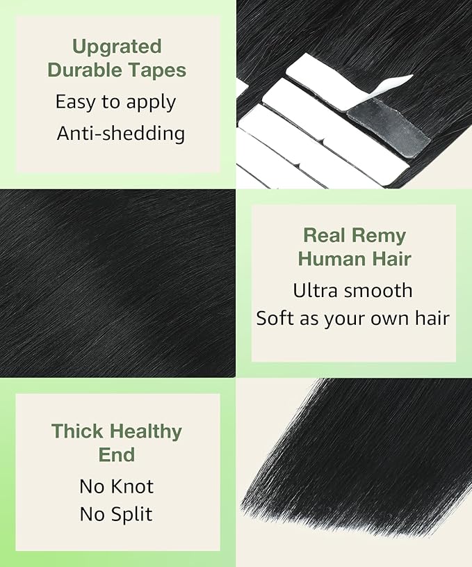 SURNEL Tape in Hair Extensions Color 1 Jet Black Hair Extensions Tape in Real Human Hair 20pcs 50g 14 inch(#1-14)