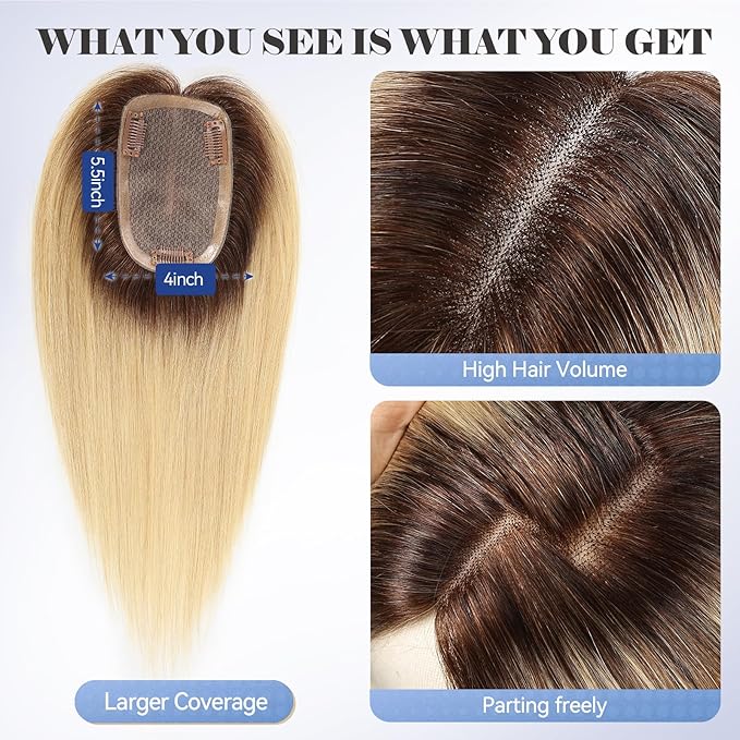 HAIRCUBE Hair Toppers 100% Real Human Hair,Ombre Light Blonde, 5.5"*4" MONO Large Base, 46g Hand-moven Real Human HairToppers for Women with ThinningHair