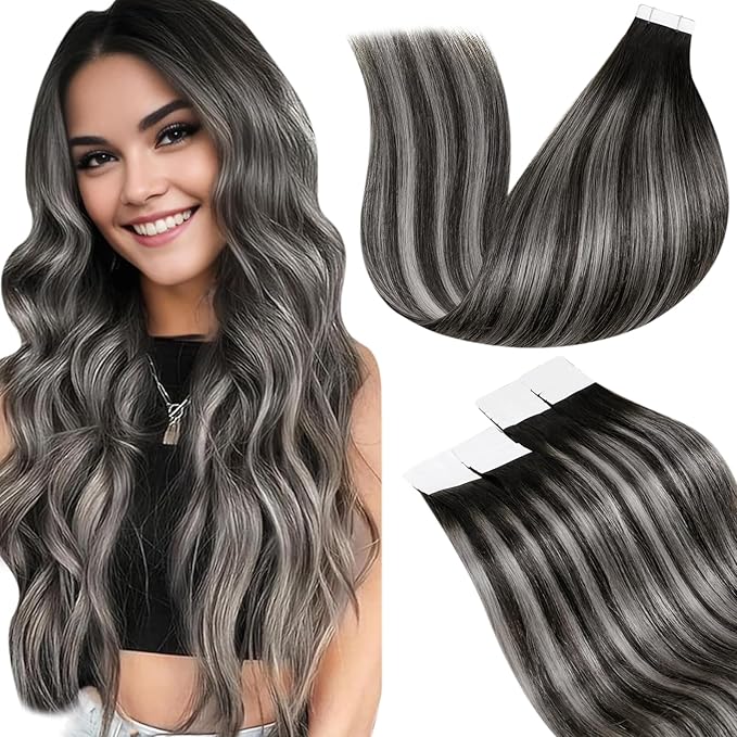 LaaVoo Hair Extensions Tape in Real Human Hair Tape in Extensions Ombre Balayage Natural Black to Silver Grey Seamless 20 Inch 20pcs/50g