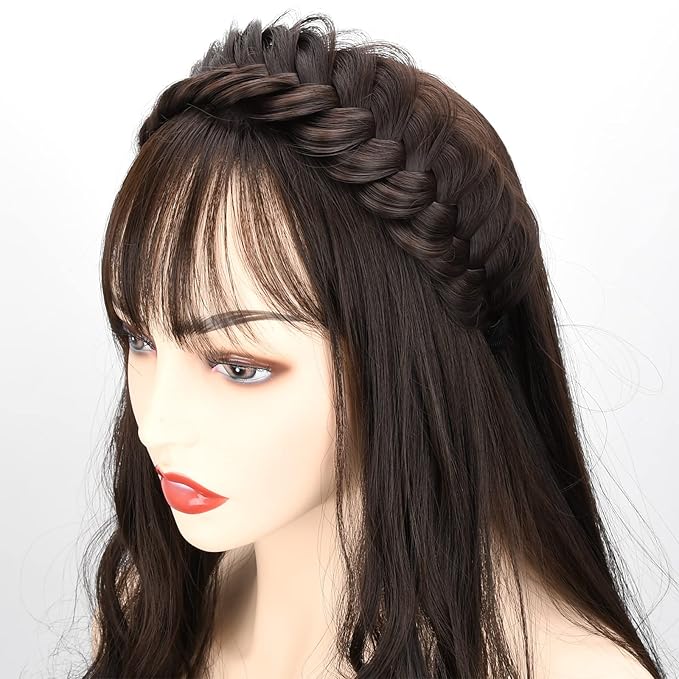 DIGUAN Wide Messy Braided Headband With Teeth Synthetic Hair Plaited Headband High Elasticity Braids Chunky Fishtail Braided Hair Band Hairpiece for Girls Women Beauty Accessory (Claybank)